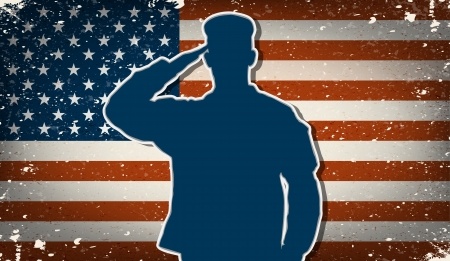 Solider saluting with american flag in the background