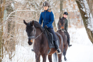 Two sportswomen riding bay horses in winter park